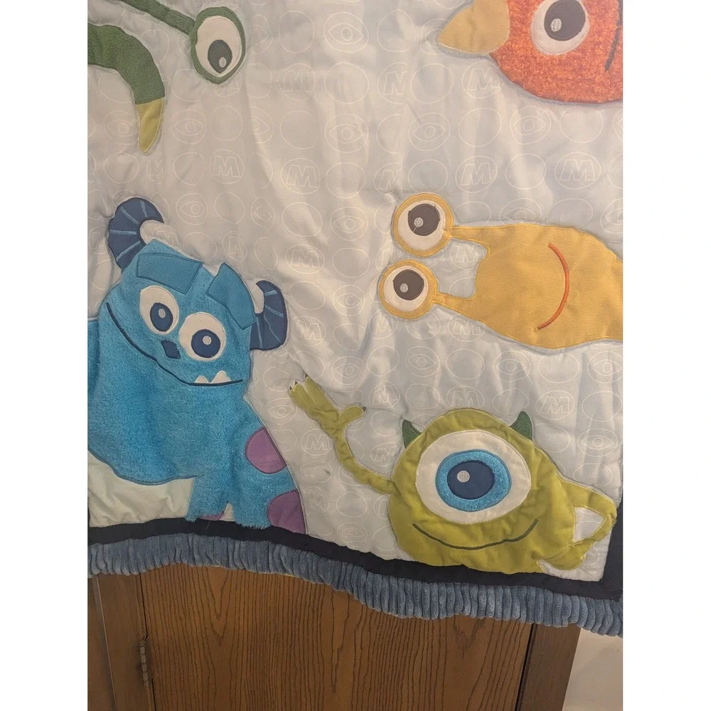 Disney Baby Monsters Inc Mike Sulley Crib Quilt Blanket Blue Green Nursery